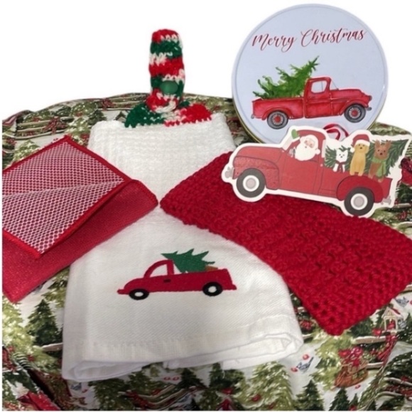 Handmade Christmas Kitchen Gift Set Towel Dish Cloth Scrubby Ornament Tin Gifts - Picture 10 of 16